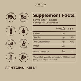 Sachet de colostrum COWBOY COLOSTRUM ouvert avec poudre