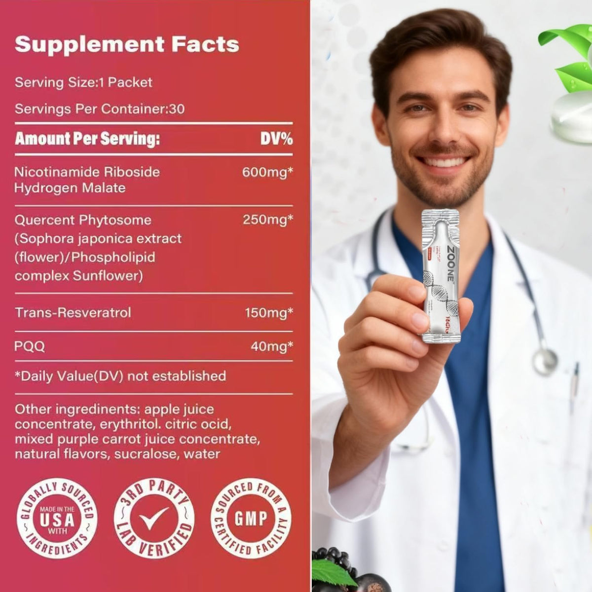 Sachet de complément alimentaire liquide Zoone avec NR et Resvératrol