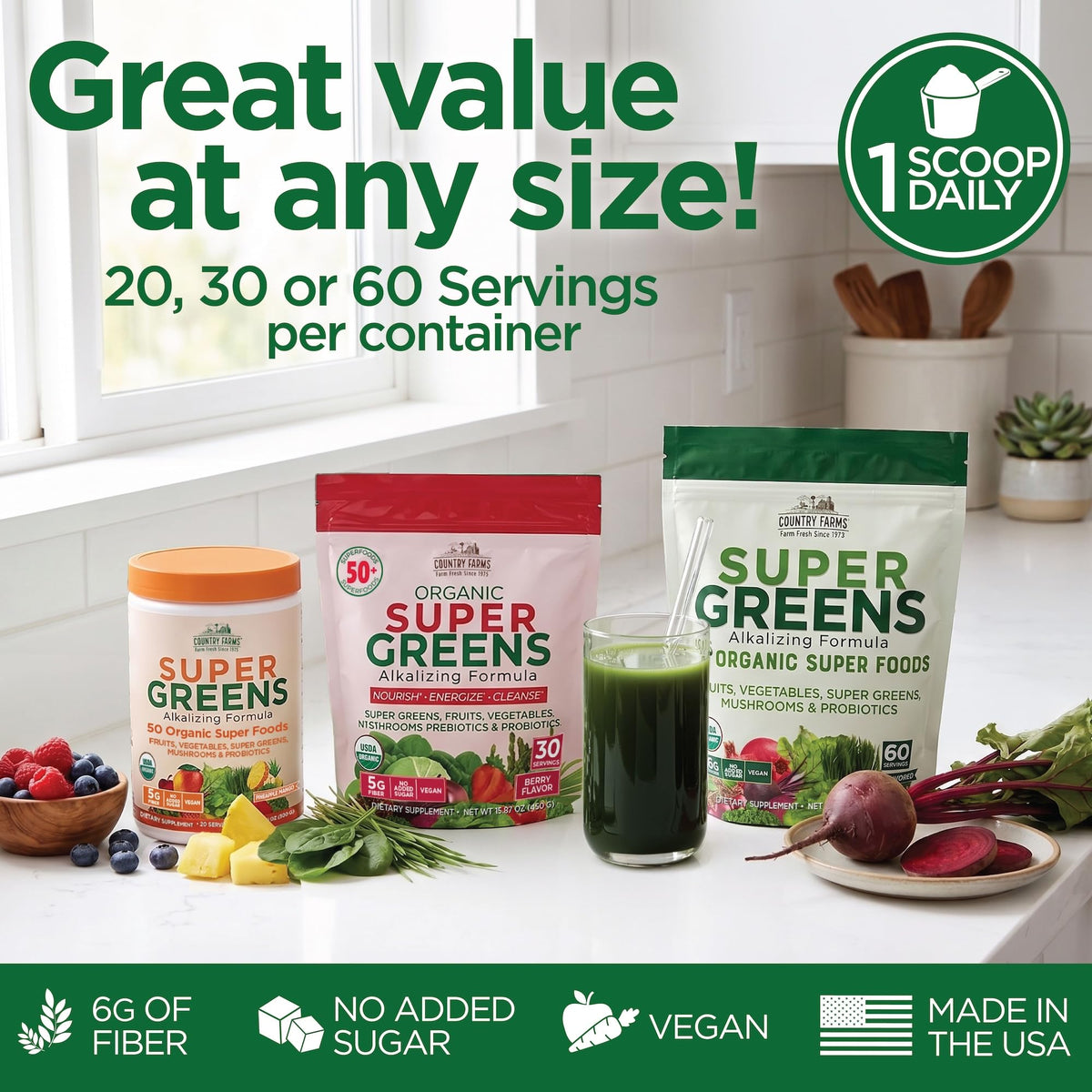 Sachet de Country Farms Super Greens avec des superaliments bio
