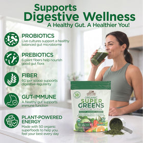 Sachet de Country Farms Super Greens ouvert avec poudre visible