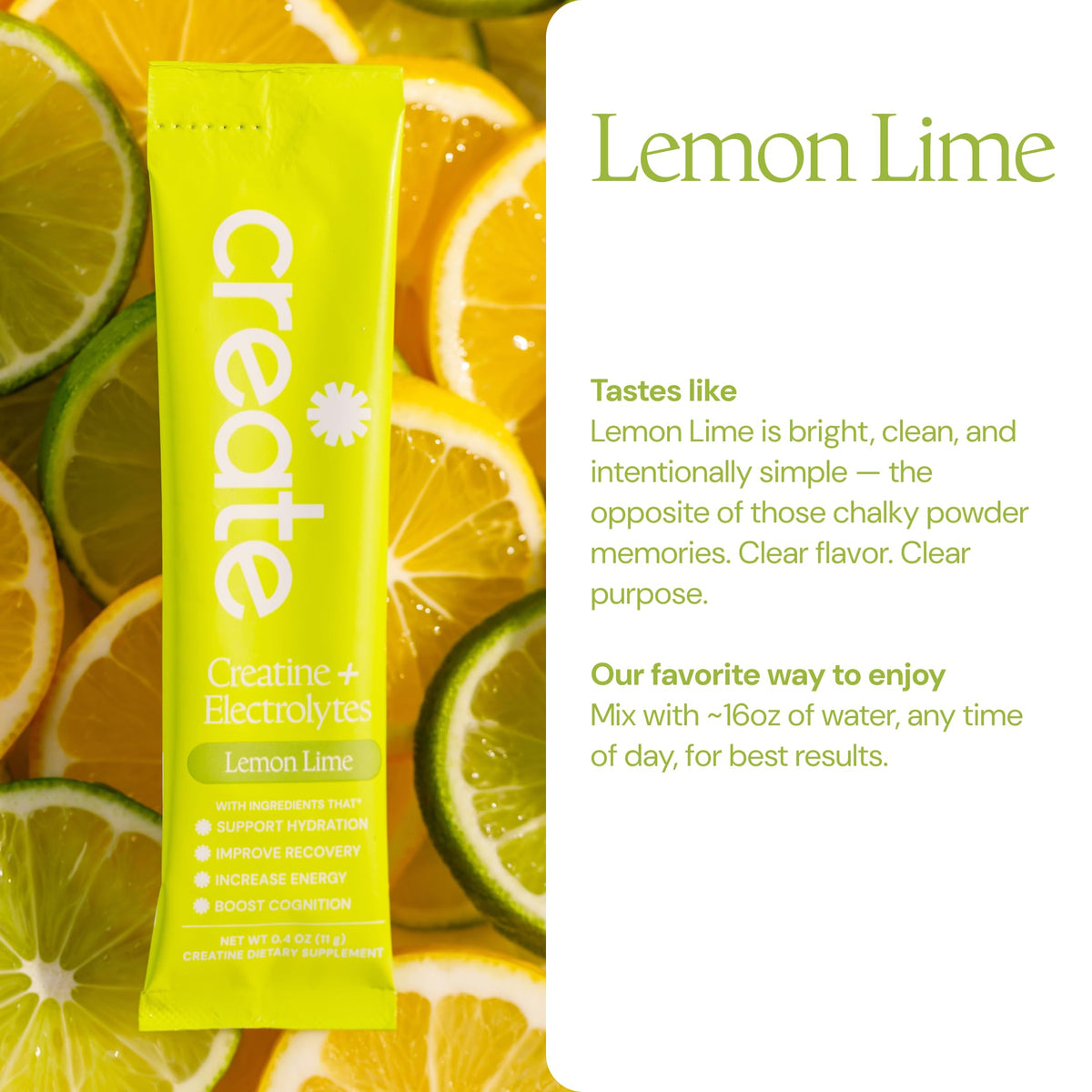 Sachet de Create Créatine + Électrolytes 5g Citron Lime avec instruction de préparation