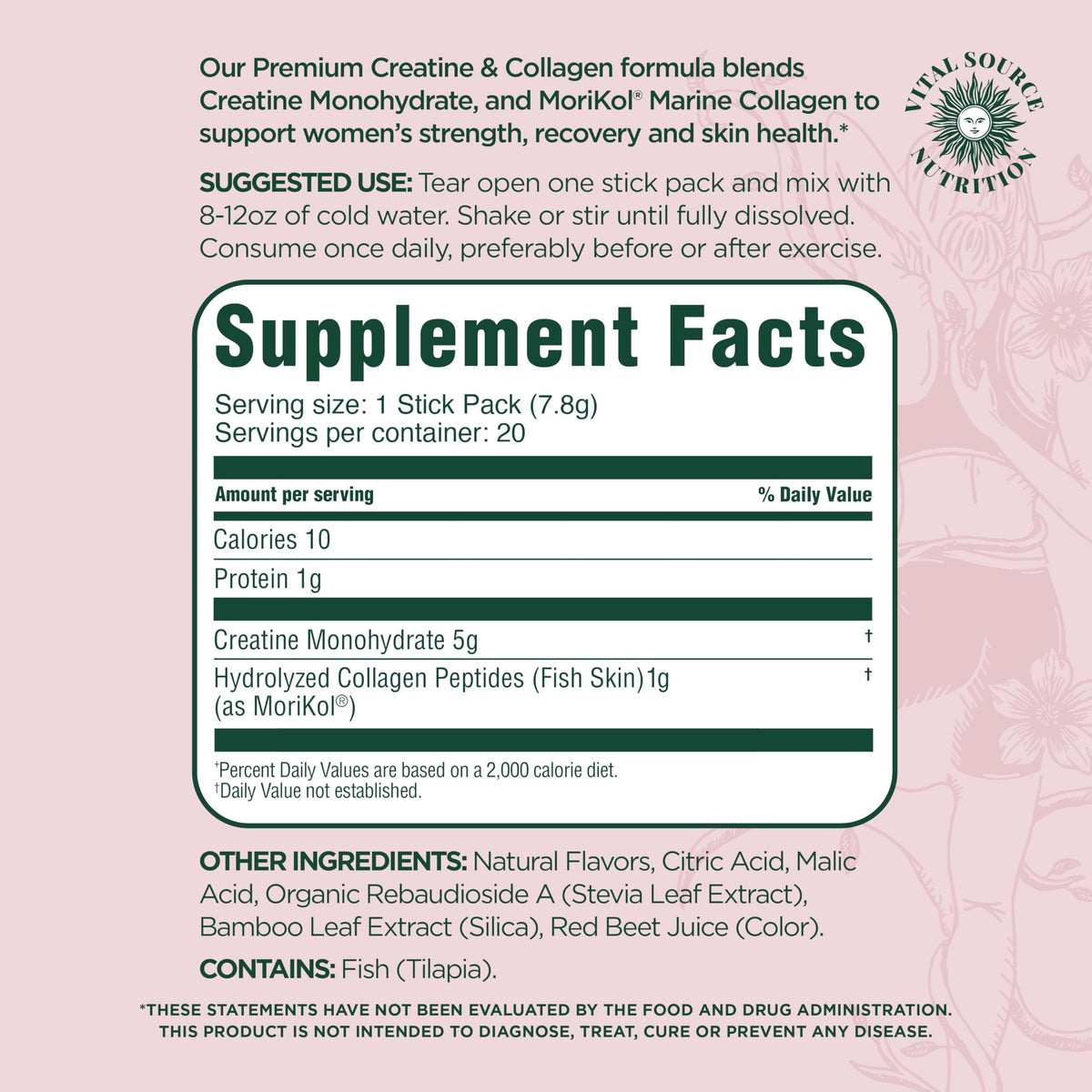 Sachet de créatine et collagène Vital Source Nutrition Flexi sur une table