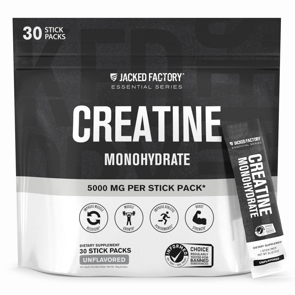 Sachet de créatine monohydrate Jacked Factory 150g vue de face