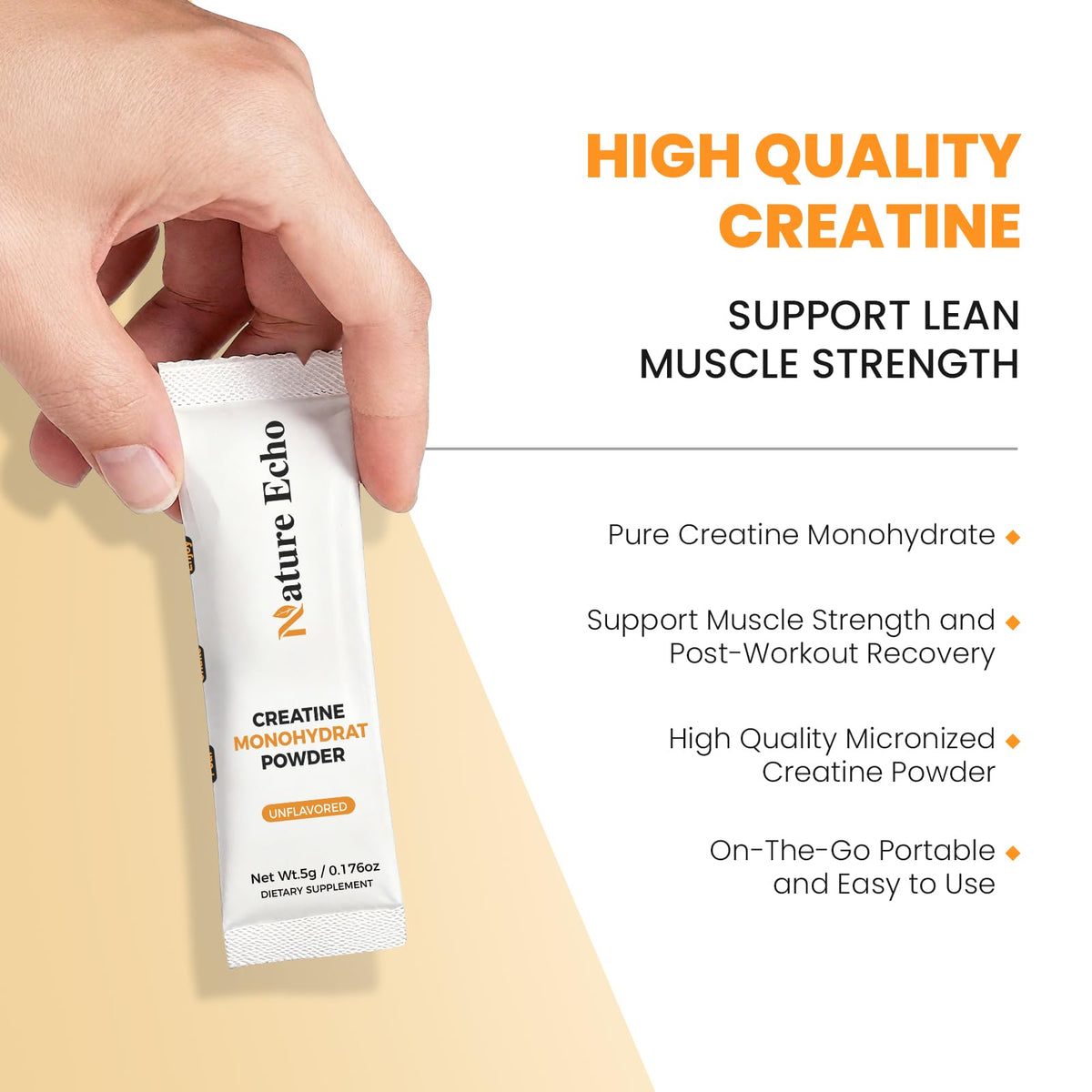 Sachet de créatine monohydrate Nature Echo avec étiquette visible