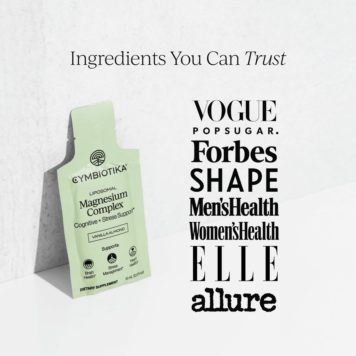 Sachet de CYMBIOTIKA Complex de Magnésium Liposomal avec des ingrédients sur le côté
