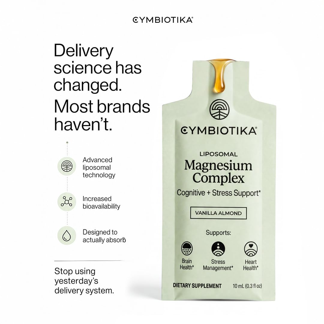 Sachet de CYMBIOTIKA Complex de Magnésium Liposomal ouvert avec poudre visible