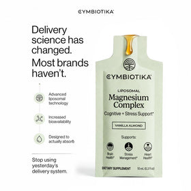 Sachet de CYMBIOTIKA Complex de Magnésium Liposomal ouvert avec poudre visible