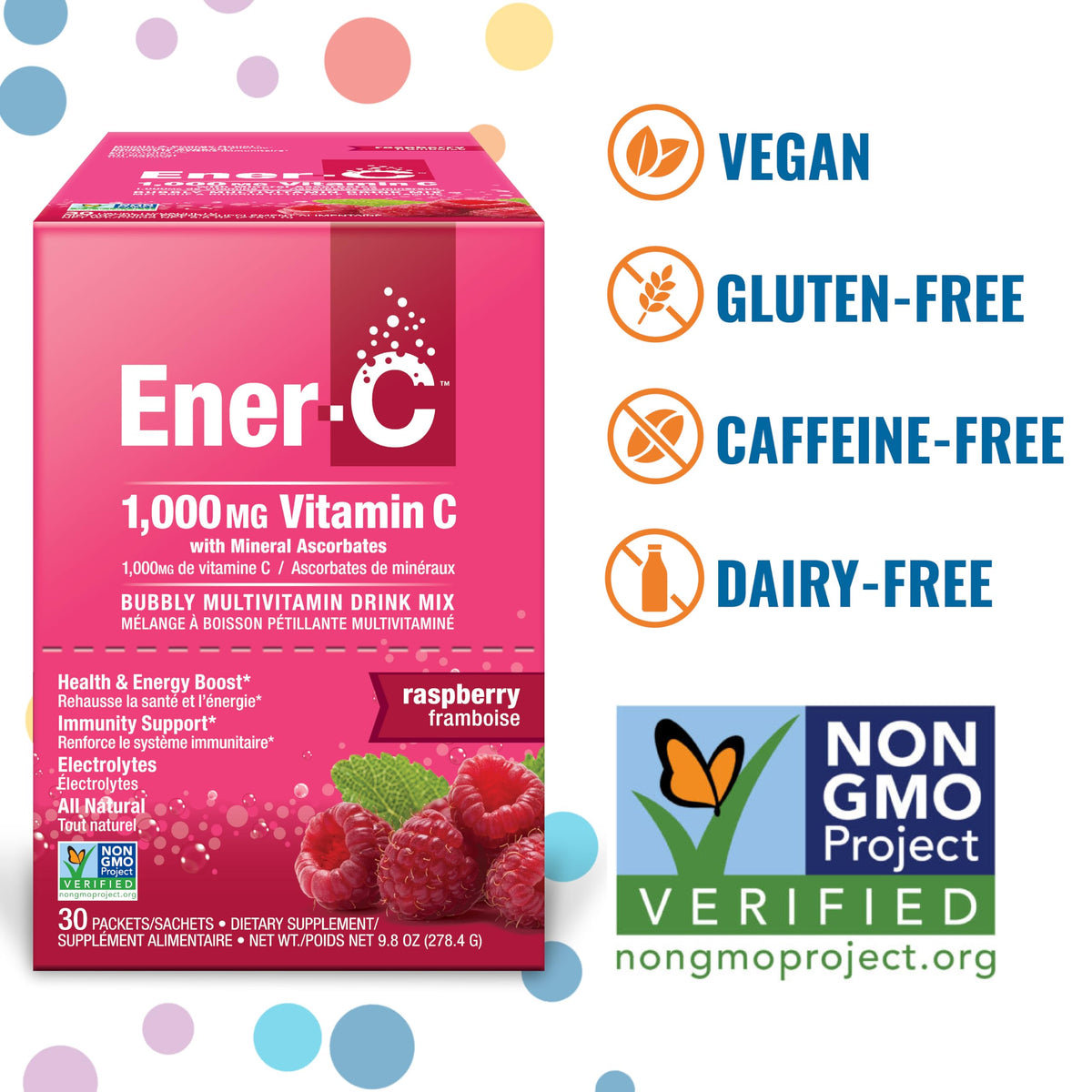 Sachet de Ener-C Mélange Multivitaminé Framboise avec étiquettes visibles