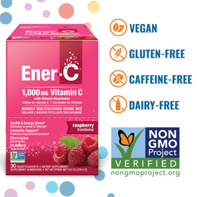 Sachet de Ener-C Mélange Multivitaminé Framboise avec étiquettes visibles