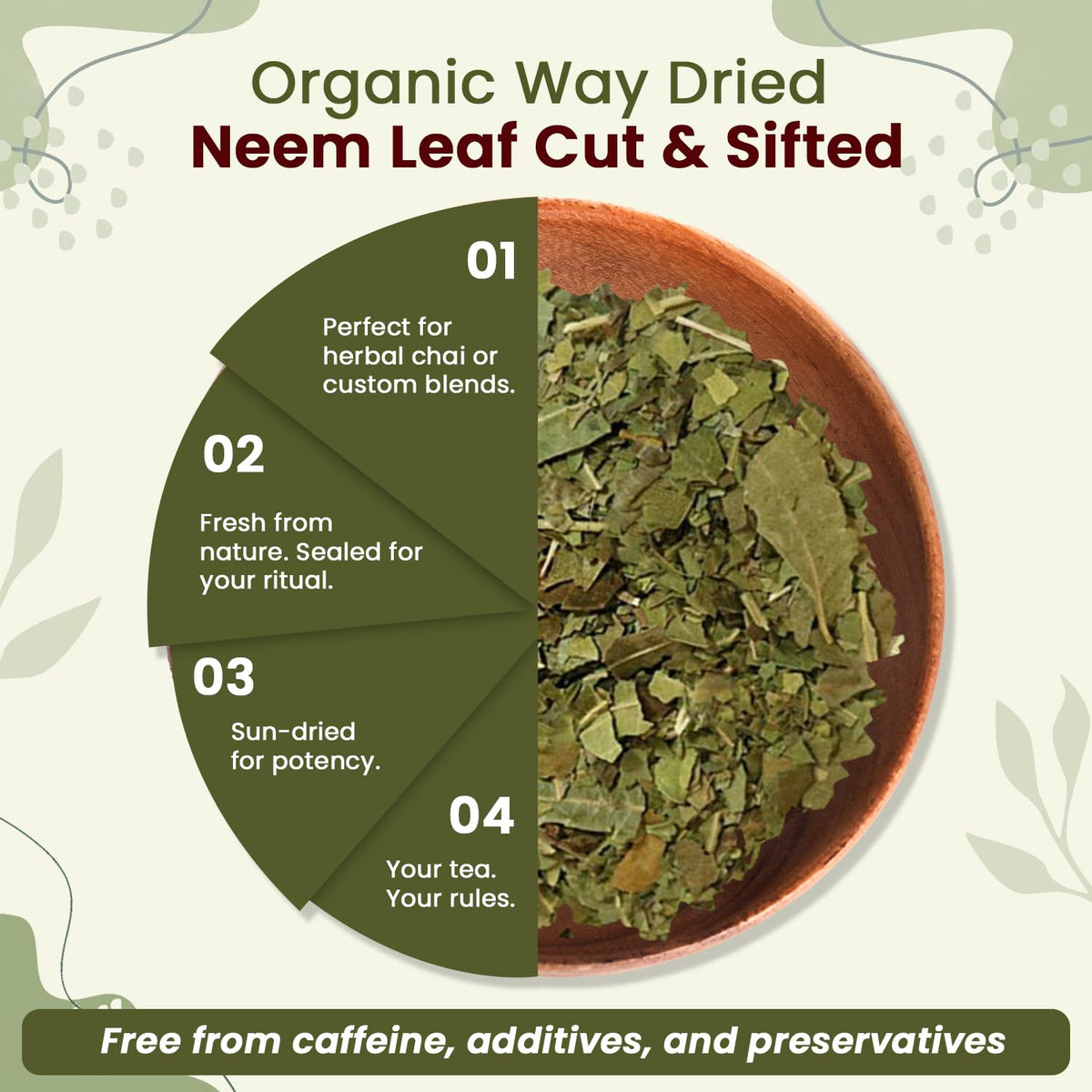 Sachet de feuilles de neem ouvert montrant leur texture