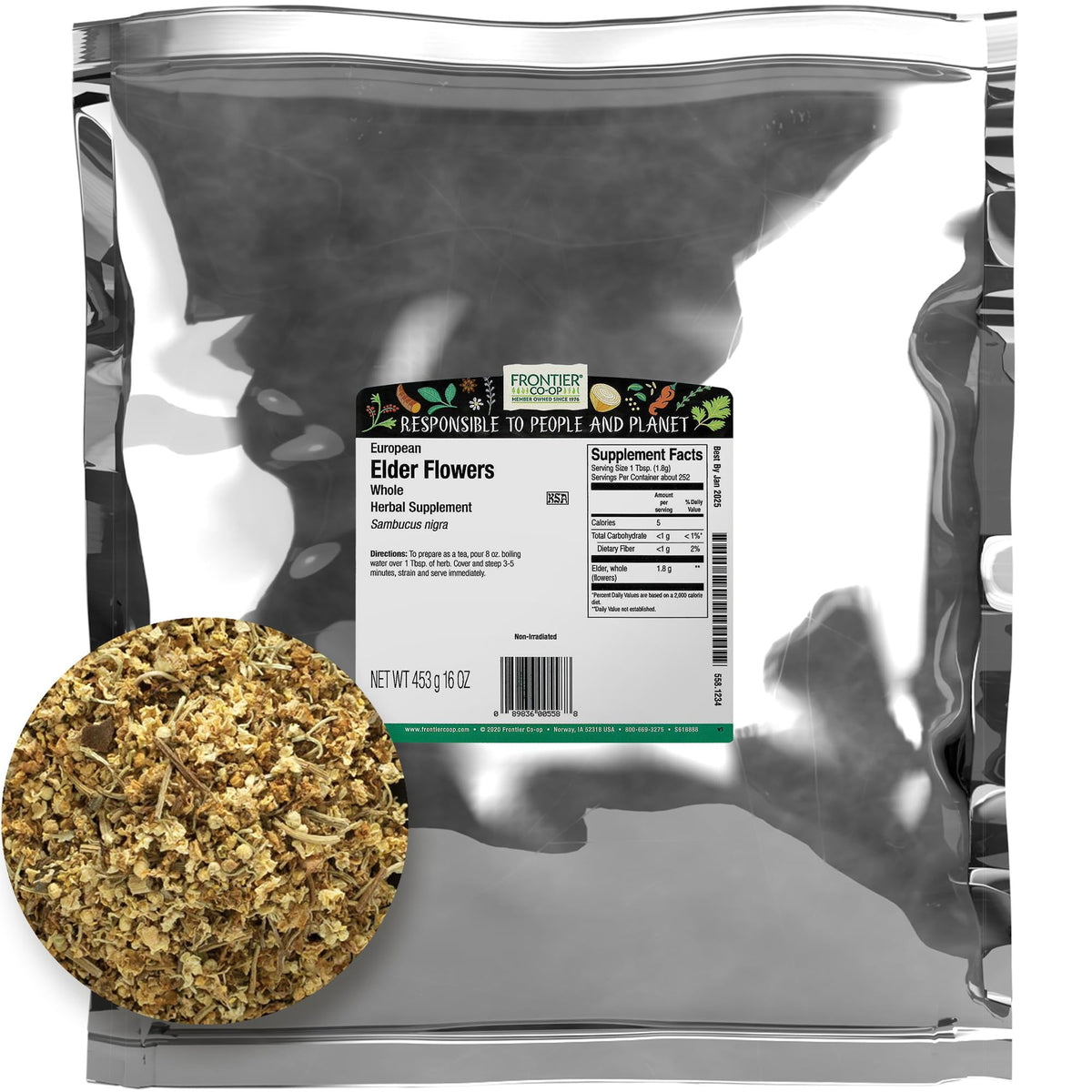 Sachet de fleurs de sureau séchées Frontier Co-op 458g vue de face