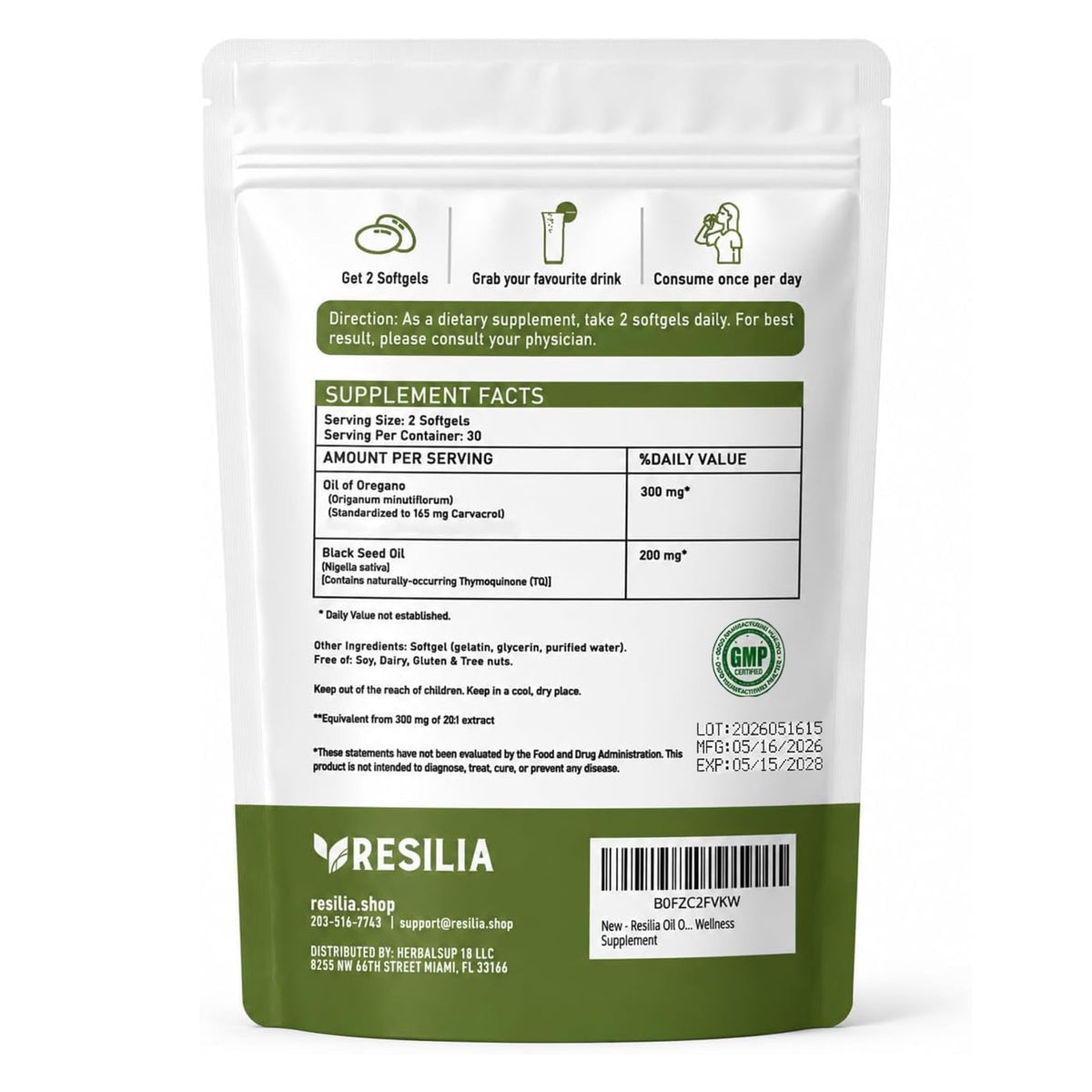 Sachet de gélules d'huile d'origan Resilia avec étiquette