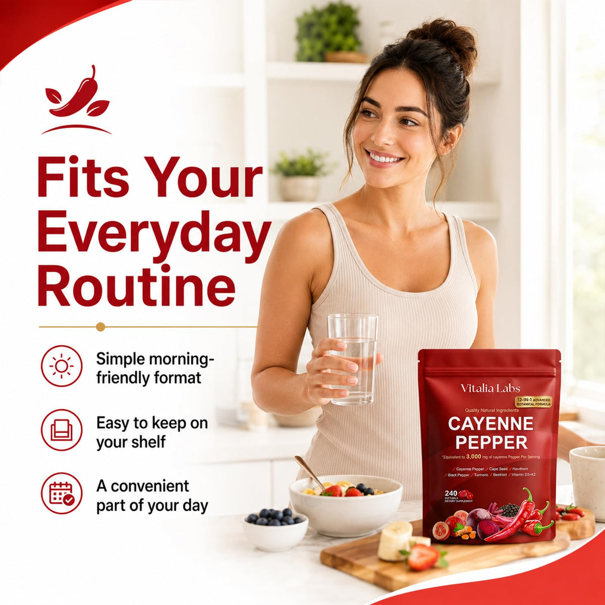 Sachet de gélules Vitalia avec étiquette et informations nutritionnelles