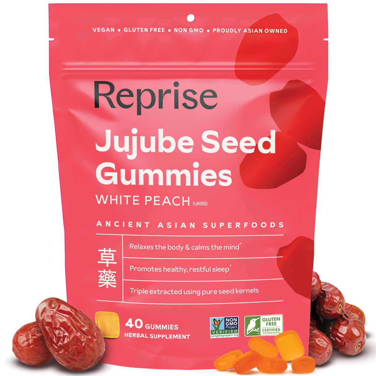 Sachet de gummies aux graines de jujube Reprise, 40 gummies au goût pêche