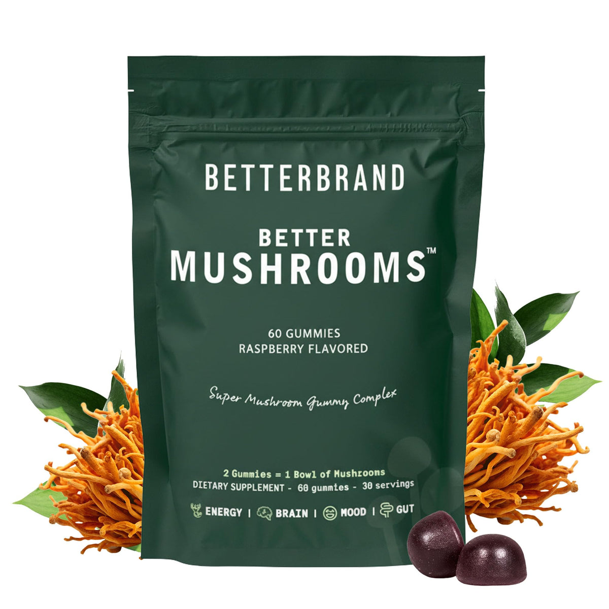Sachet de gummies Betterbrand BetterMushrooms à la framboise, 60 unités