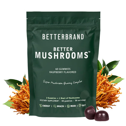 Sachet de gummies Betterbrand BetterMushrooms à la framboise, 60 unités