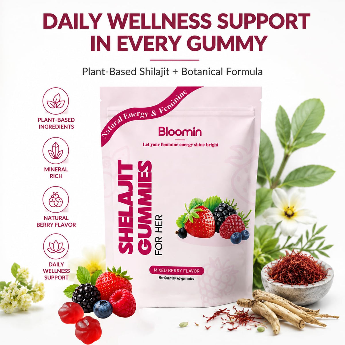 Sachet de gummies Bloomin Shilajit avec étiquette visible