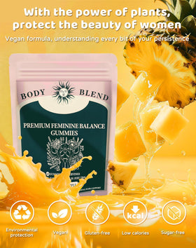 Sachet de gummies BodyBlend Équilibre Féminin ouvert montrant les gummies