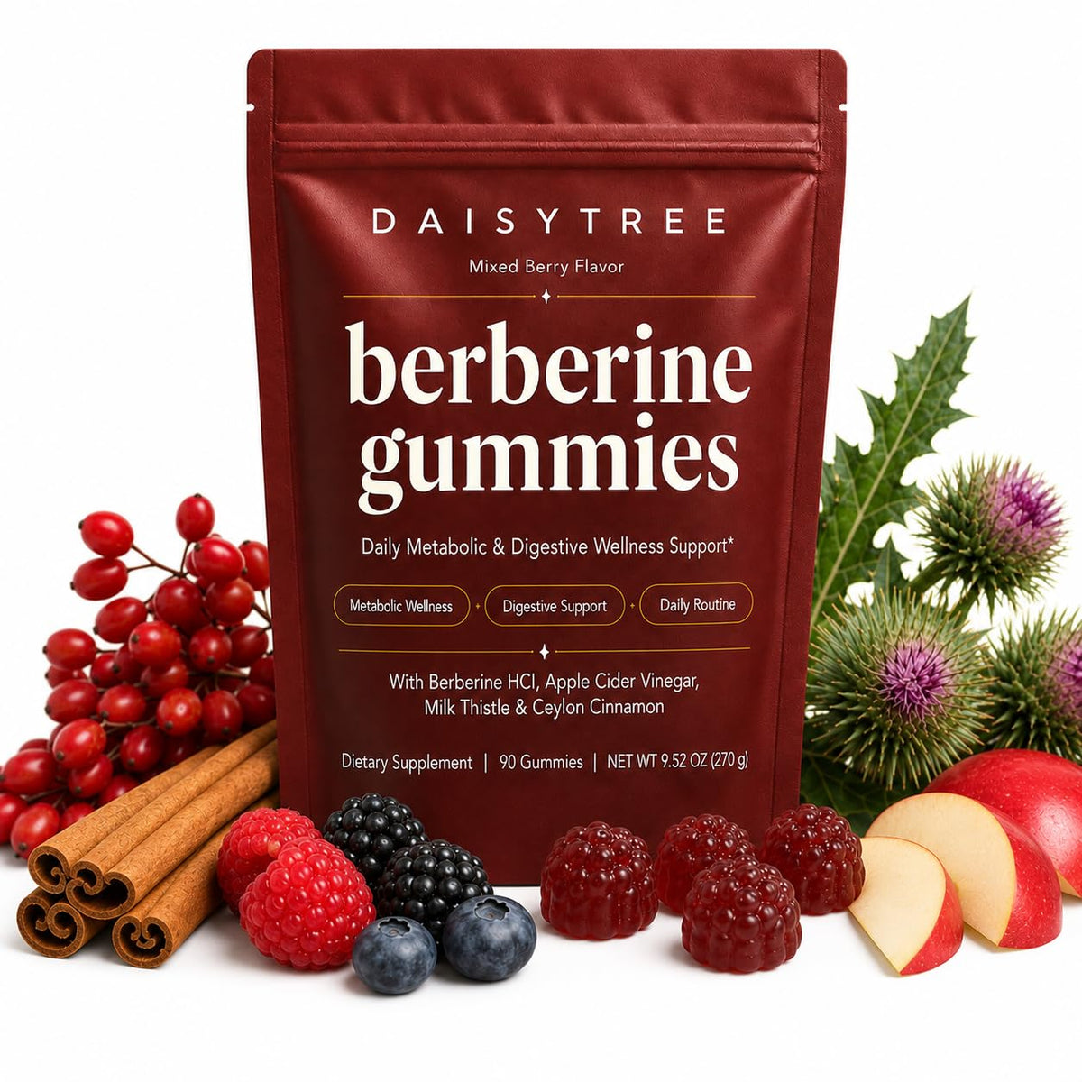 Sachet de gummies de berbérine DAISYTREE, 90 gummies saveur baies mélangées