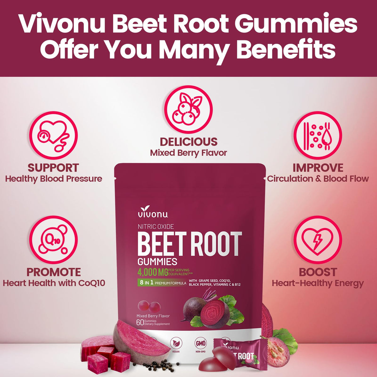 Sachet de Gummies de Betterave VivoNu avec Extrait de Raisin et CoQ10