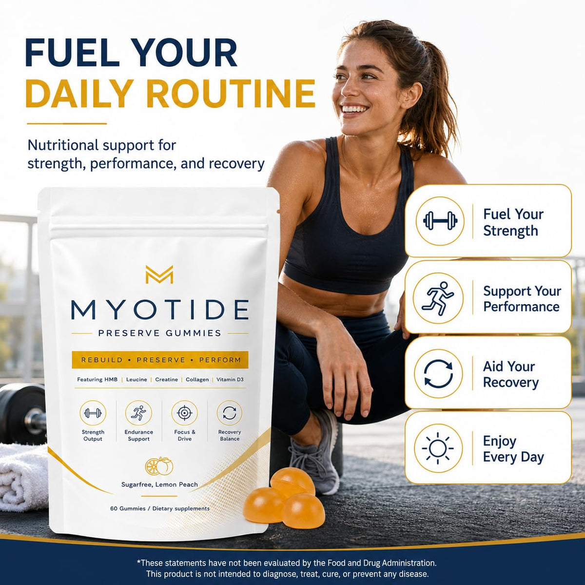 Sachet de gummies MYOTIDE, dimensions et informations nutritionnelles