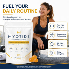 Sachet de gummies MYOTIDE, dimensions et informations nutritionnelles
