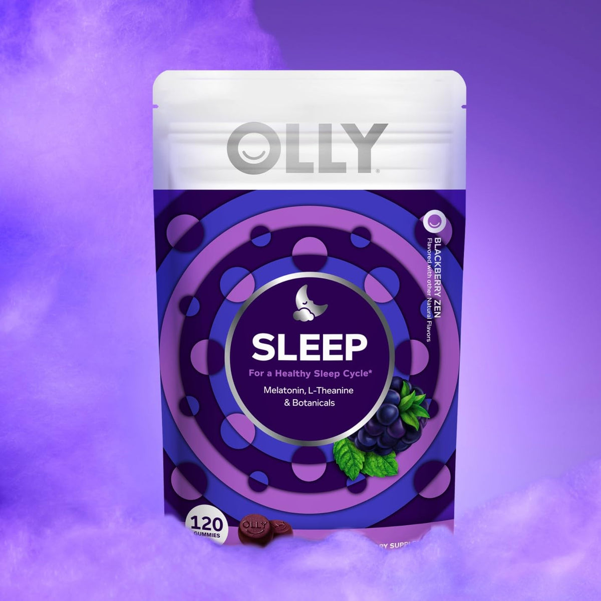 Sachet de gummies OLLY Sommeil ouvert avec des gummies visibles