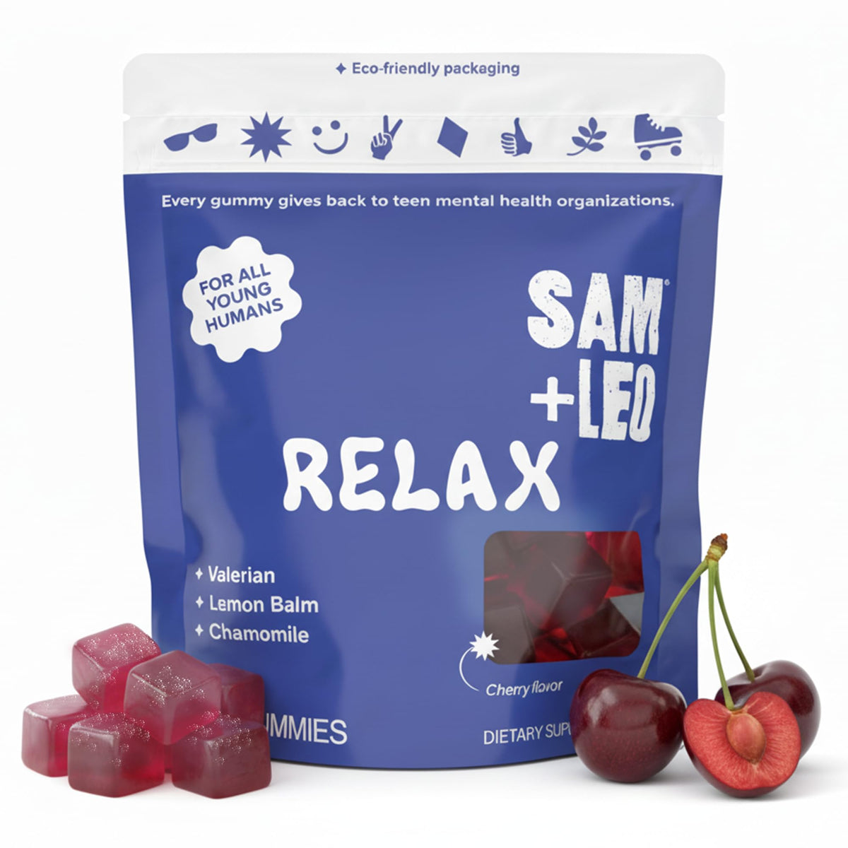 Sachet de gummies SAM+LEO pour enfants 60ct cerise face avant
