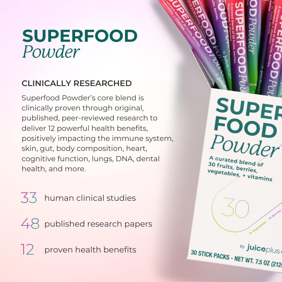 Sachet de Juice Plus+ Mélange de Superaliments ouvert avec poudre