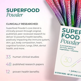 Sachet de Juice Plus+ Mélange de Superaliments ouvert avec poudre