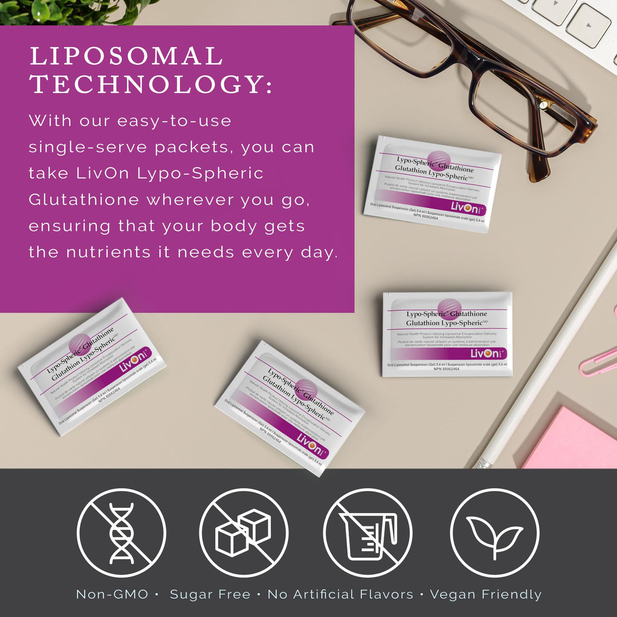 Sachet de Lypo-Spheric Glutathione ouvert, poudre visible