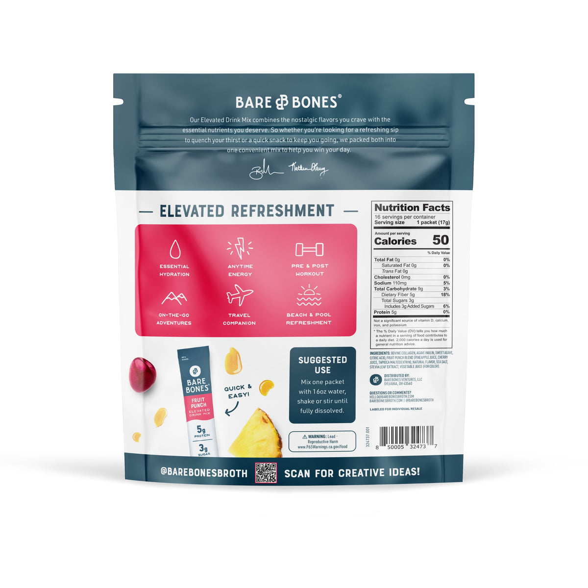 Sachet de mélange au collagène Bare Bones avec saveur fruit punch