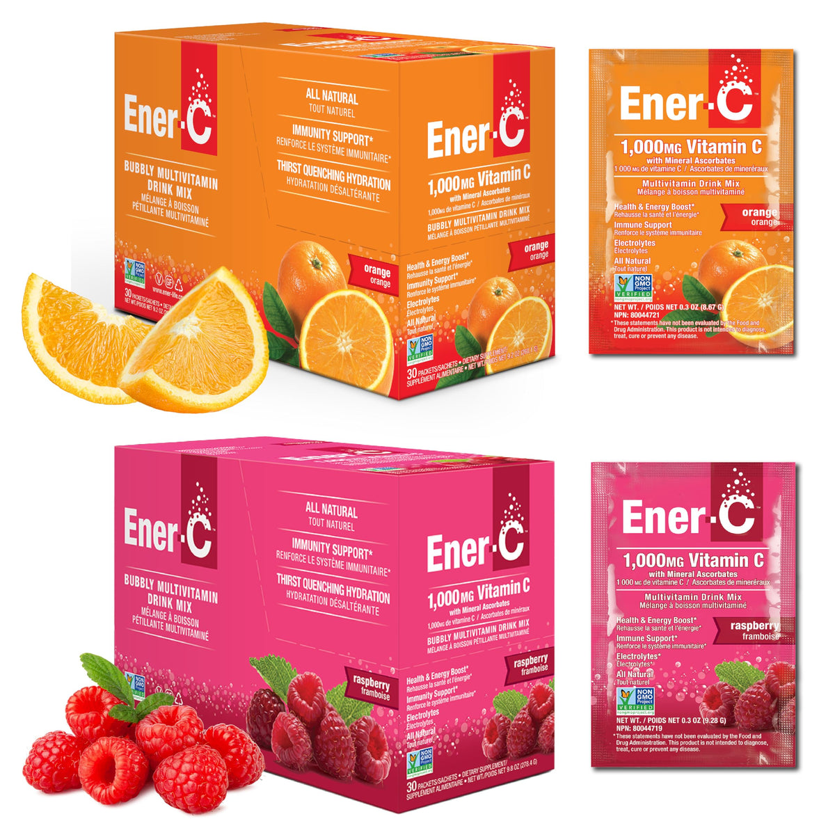 Sachet de mélange de boisson multivitaminé Ener-C au goût orange et framboise