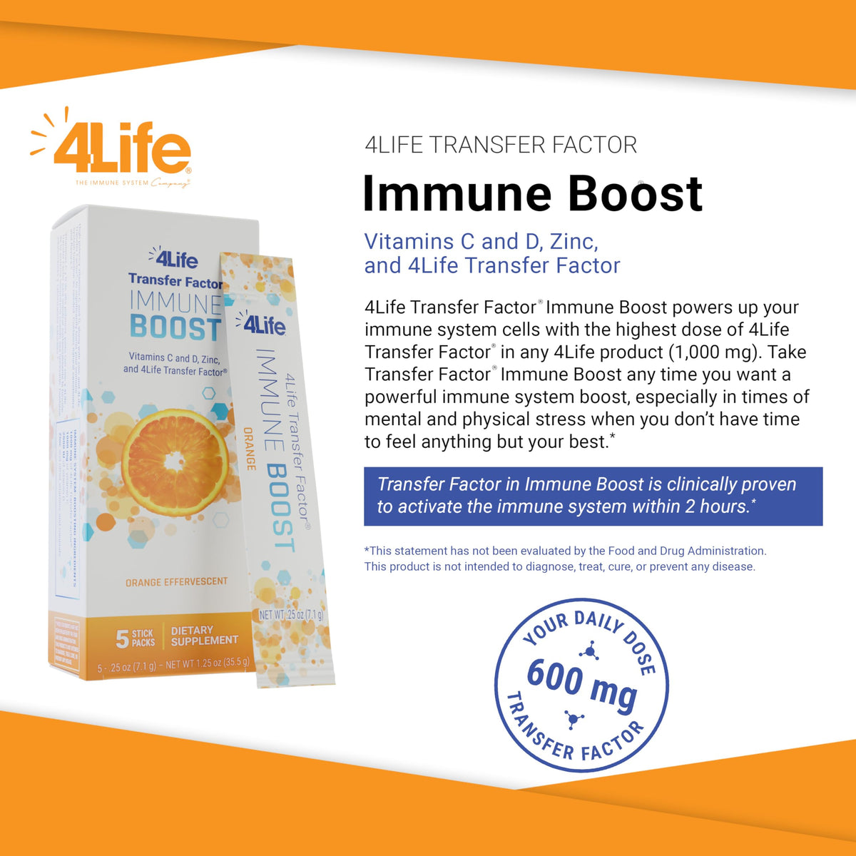 Sachet de mélange de boisson orange 4Life ouvert