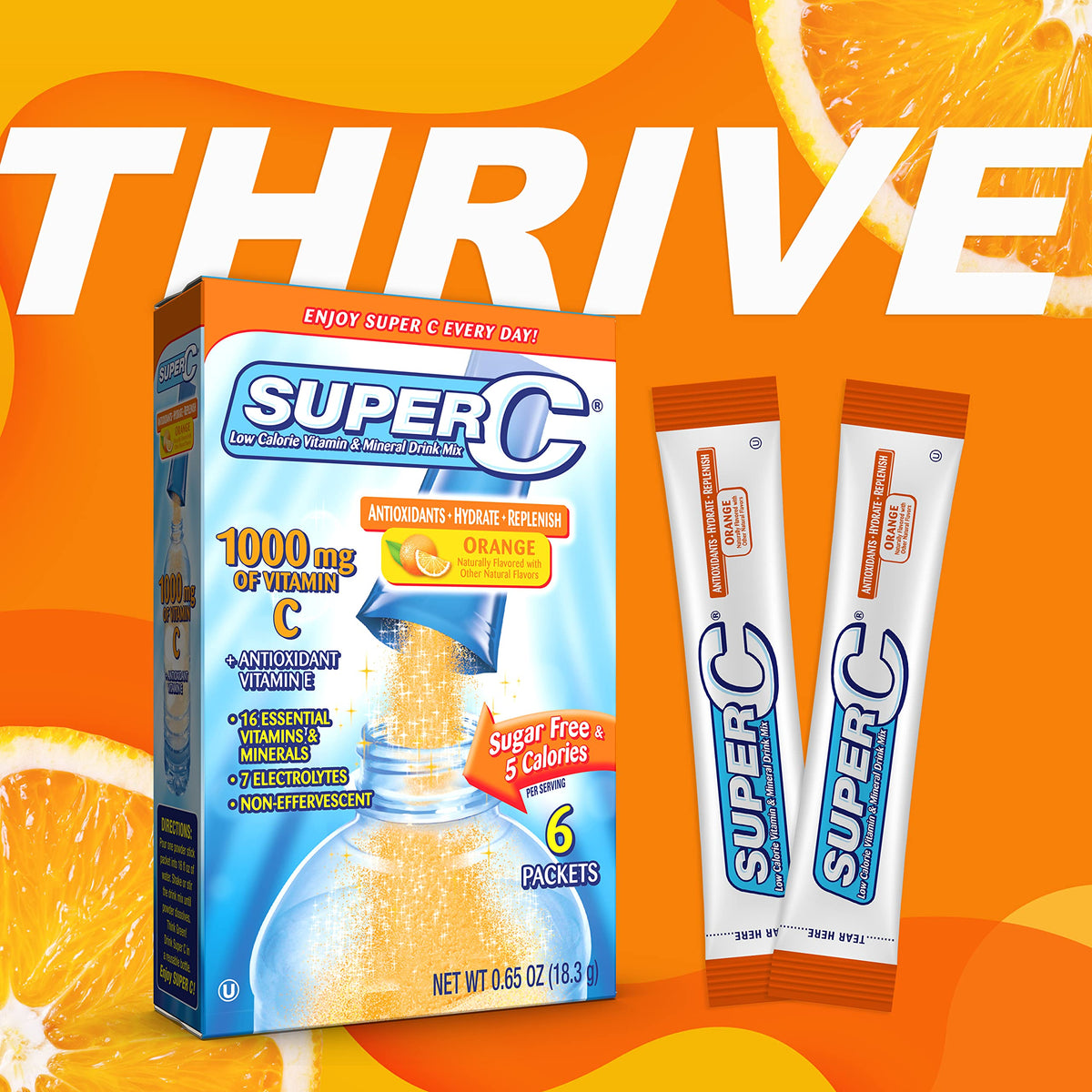 Sachet de mélange de boisson Super C ouvert avec poudre orange