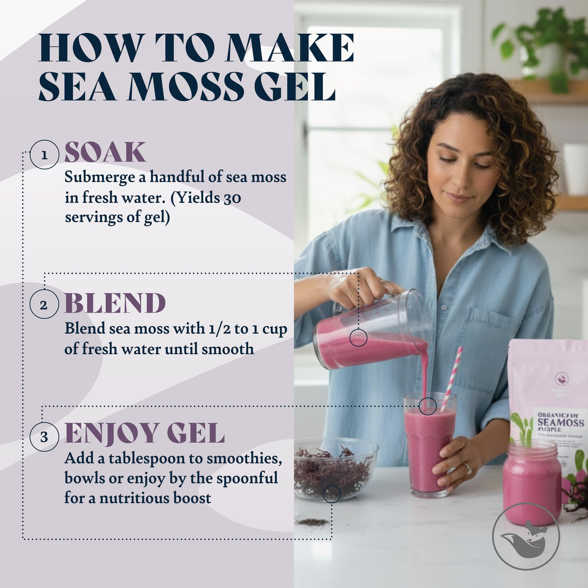 Sachet de mousse de mer bio violette sur fond blanc