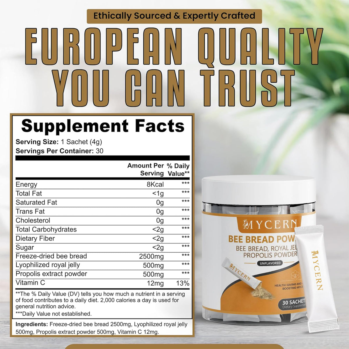 Sachet de Mycern avec des ingrédients naturels autour