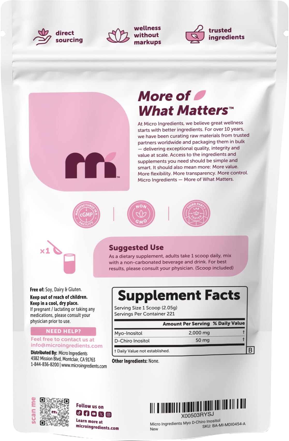 Sachet de Myo-Inositol et D-Chiro Inositol de Micro Ingredients ouvert