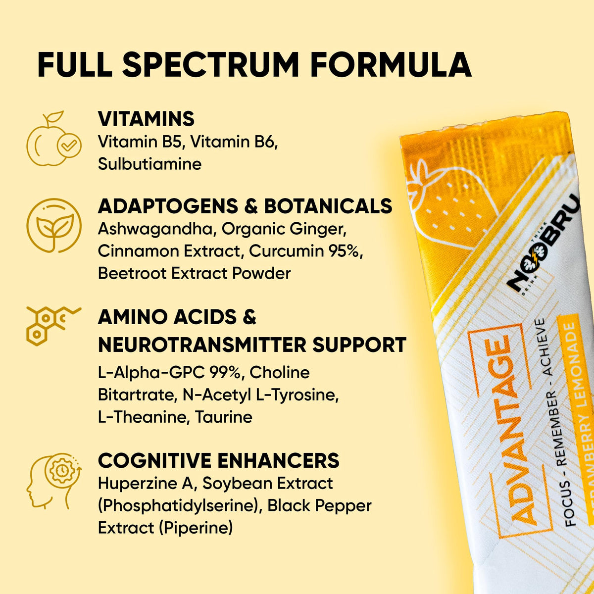 Sachet de Noobru Advantage Nootropic ouvert avec contenu visible
