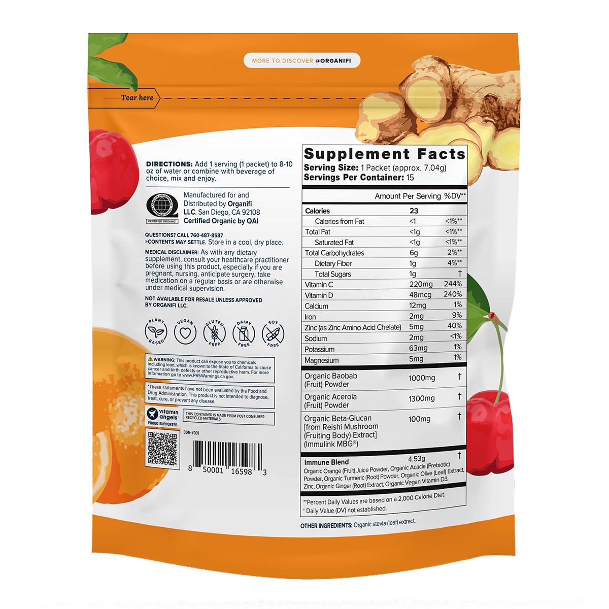 Sachet de Organifi daily wellness ouvert montrant la poudre