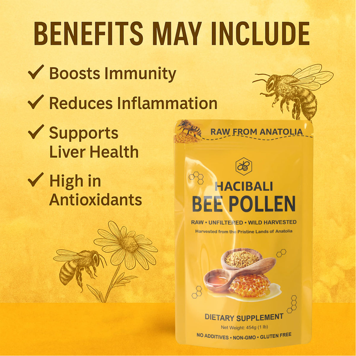 Sachet de pollen d'abeille biologique hacıbalı ouvert, vue de côté