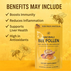Sachet de pollen d'abeille biologique hacıbalı ouvert, vue de côté