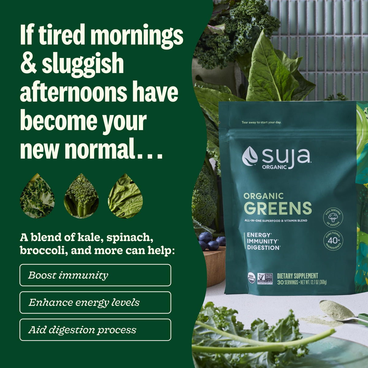 Sachet de poudre bio Suja avec informations nutritionnelles