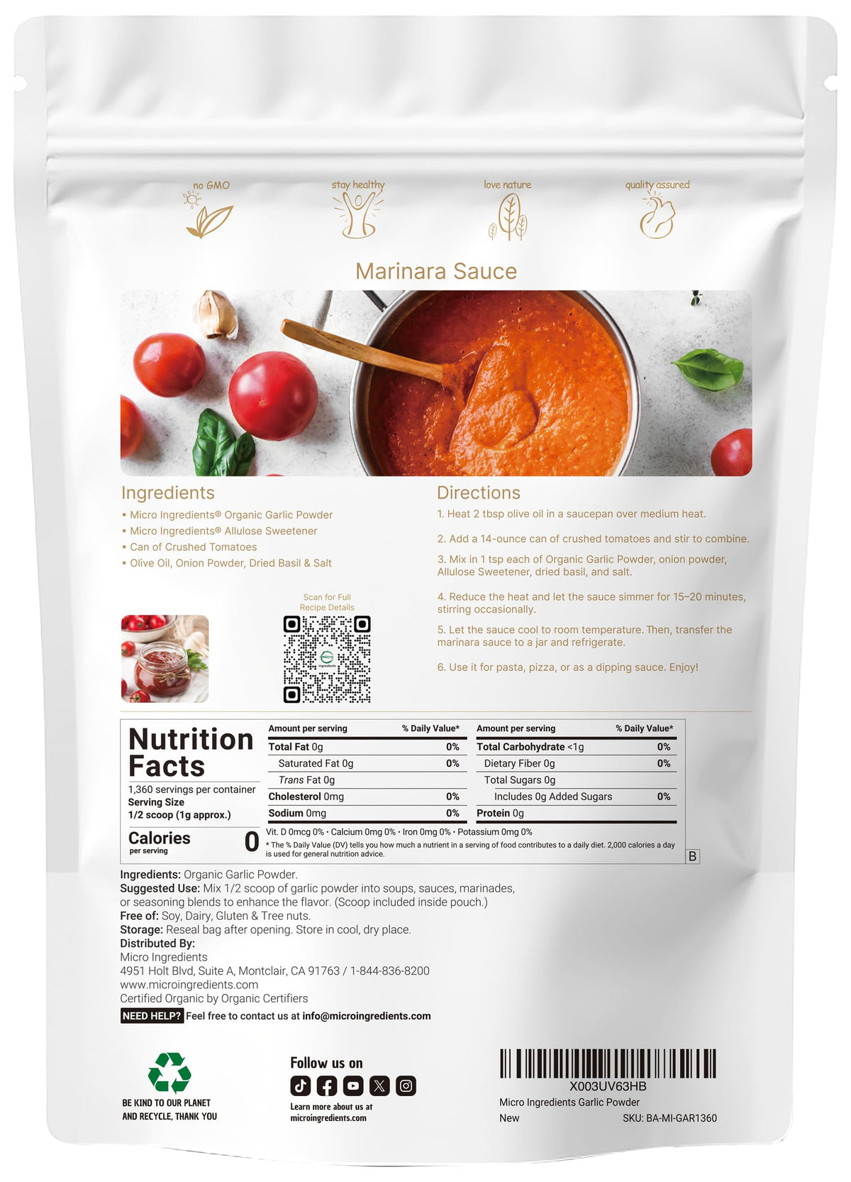 Sachet de poudre d'ail bio Micro Ingredients avec étiquette