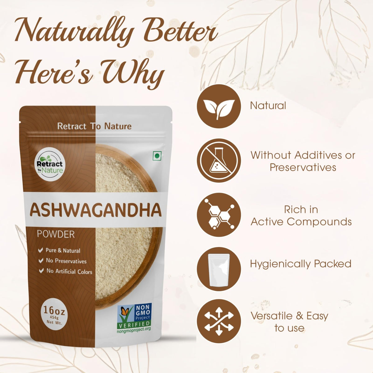 Sachet de poudre d'ashwagandha RETRACT TO NATURE ouvert