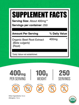 Sachet de poudre d'extrait de betterave bio BulkSupplements ouvert avec poudre visible