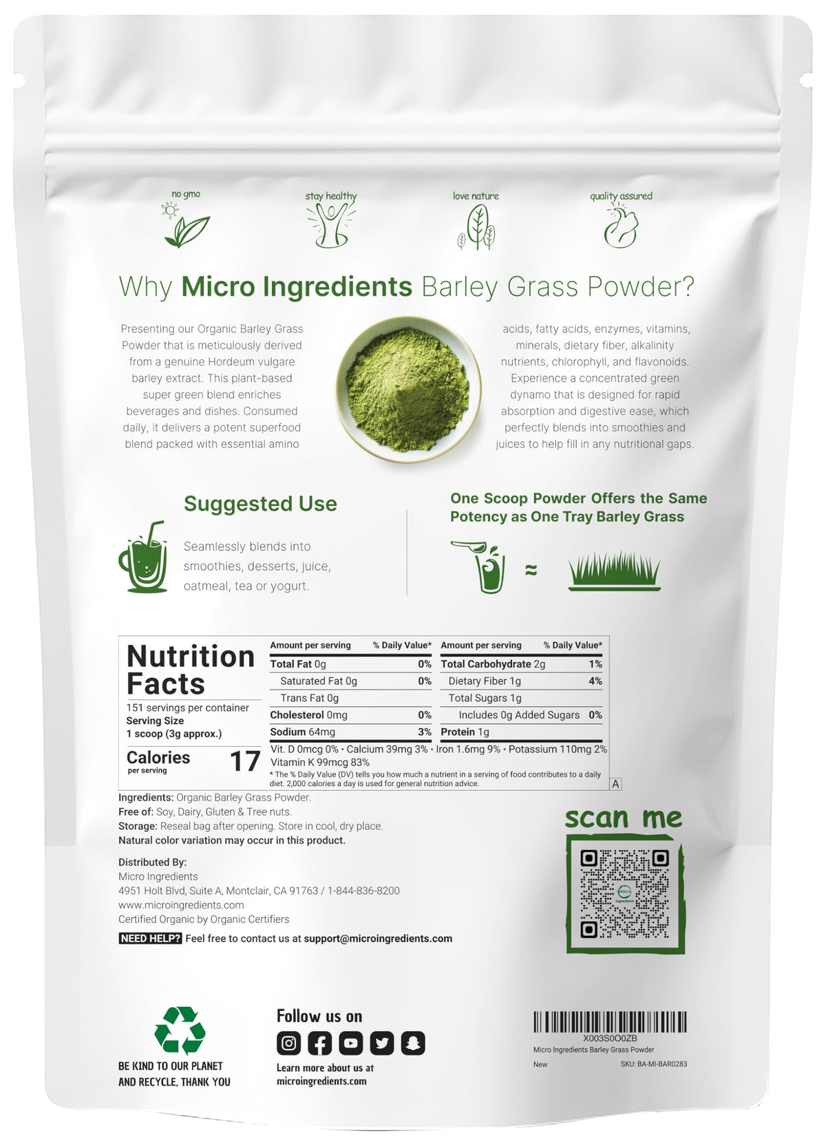 Sachet de poudre d'herbe d'orge bio Micro Ingredients ouvert