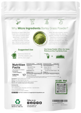 Sachet de poudre d'herbe d'orge bio Micro Ingredients ouvert