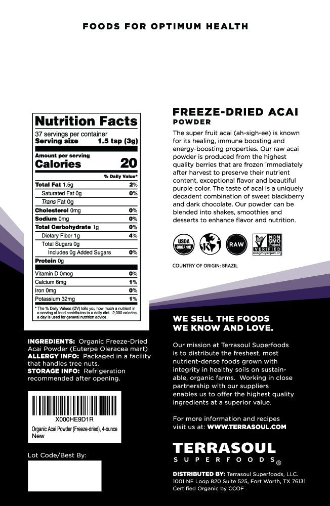 Sachet de Poudre de Baies d'Açaï Bio Terrasoul Superfoods ouvert