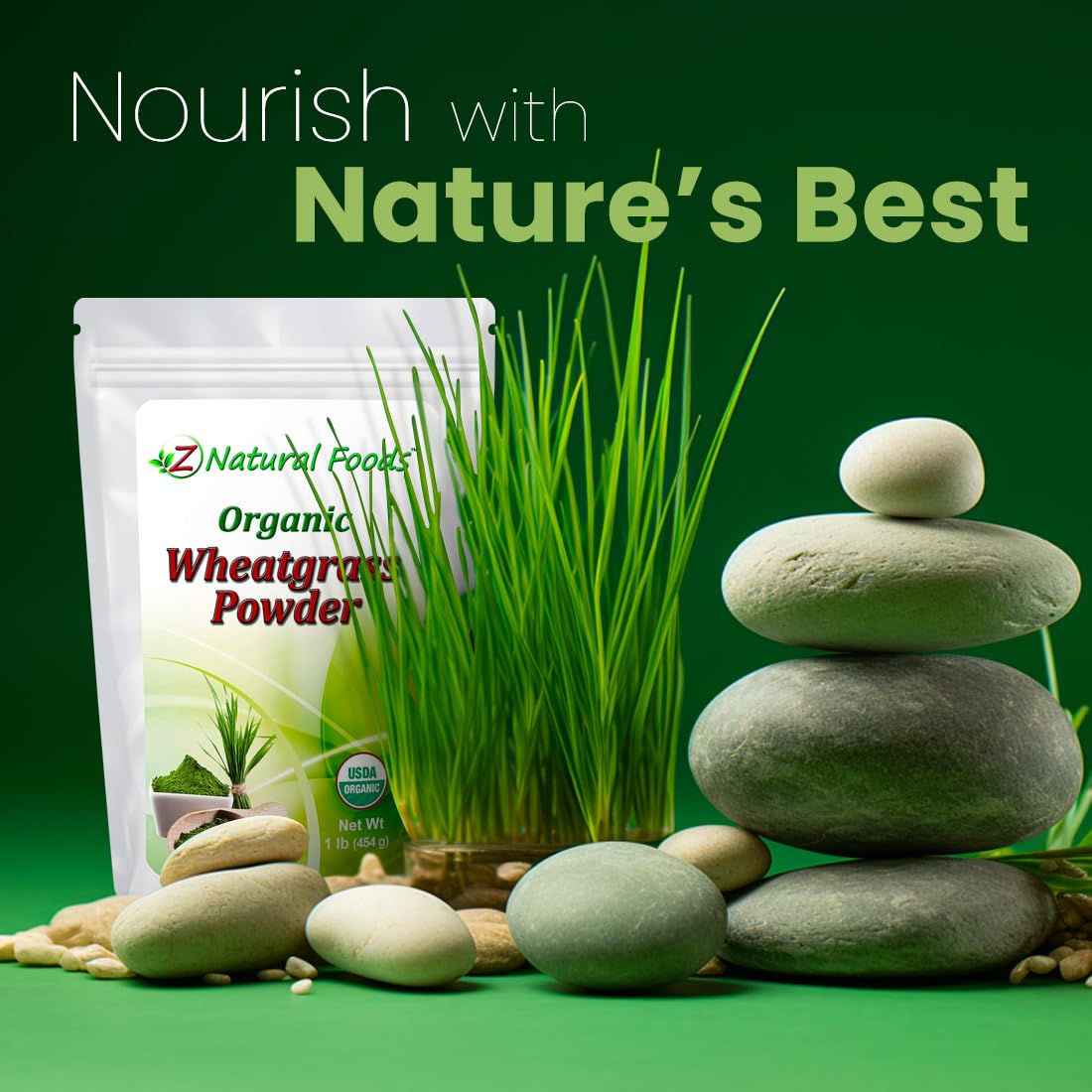 Sachet de Poudre de Blé Vert Bio Z Natural Foods ouvert